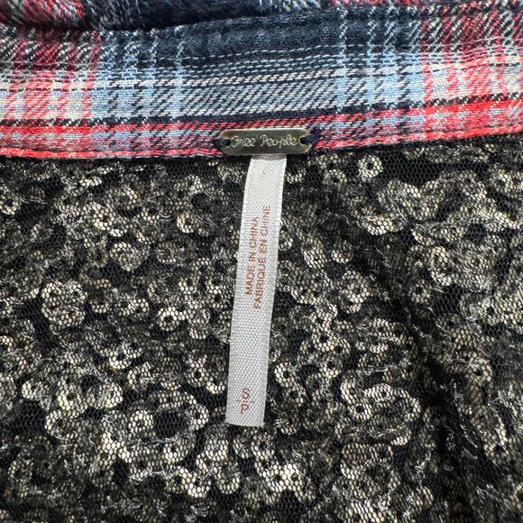 Free People Plaid Shirt Small Sequin Embellished Bohemian Western Mixed Media - Picture 11 of 14